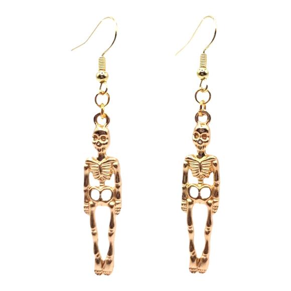 Skeleton Earrings Gold Tone Spooky Halloween Dangles - Picture 1 of 4